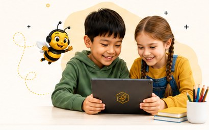 Two children learning together on a tablet